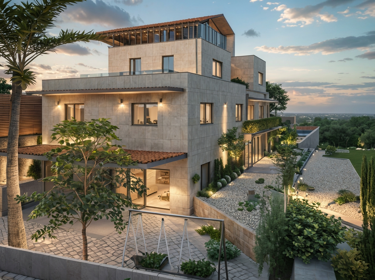 פרויקט אדריכלות מגורים בירושלים — חזית אבן ירושלמית עם עיצוב עכשווי